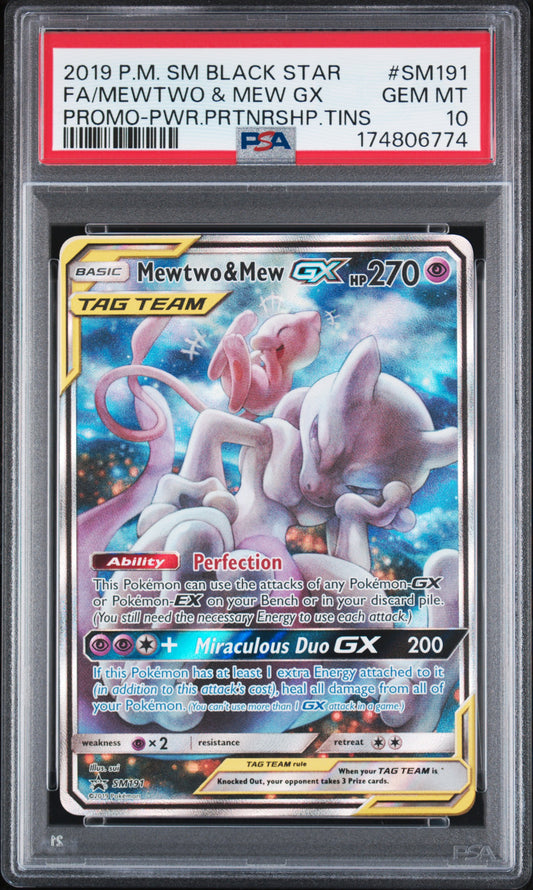 FA/MEWTWO & MEW GX PROMO-PWR.PRTNRSHP.TINS - Pokemon Sm Black Star Promo #SM191 PSA 10