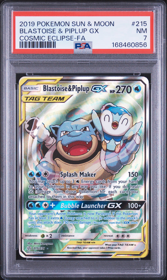 Blastoise & Piplup GX - Pokemon Cosmic Eclipse #215 PSA 7