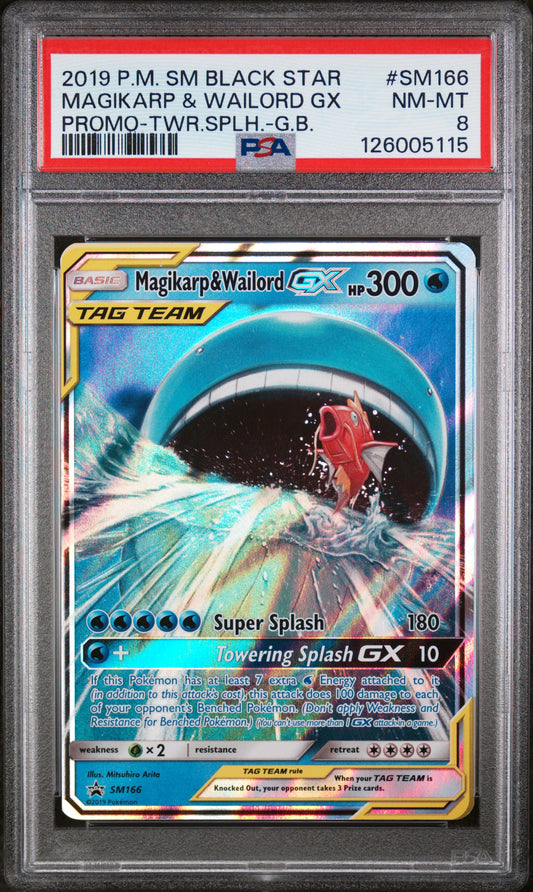 MAGIKARP & WAILORD GX PROMO-TWR.SPLH.-G.B. - Pokemon Sm Black Star Promo #SM166 PSA 8