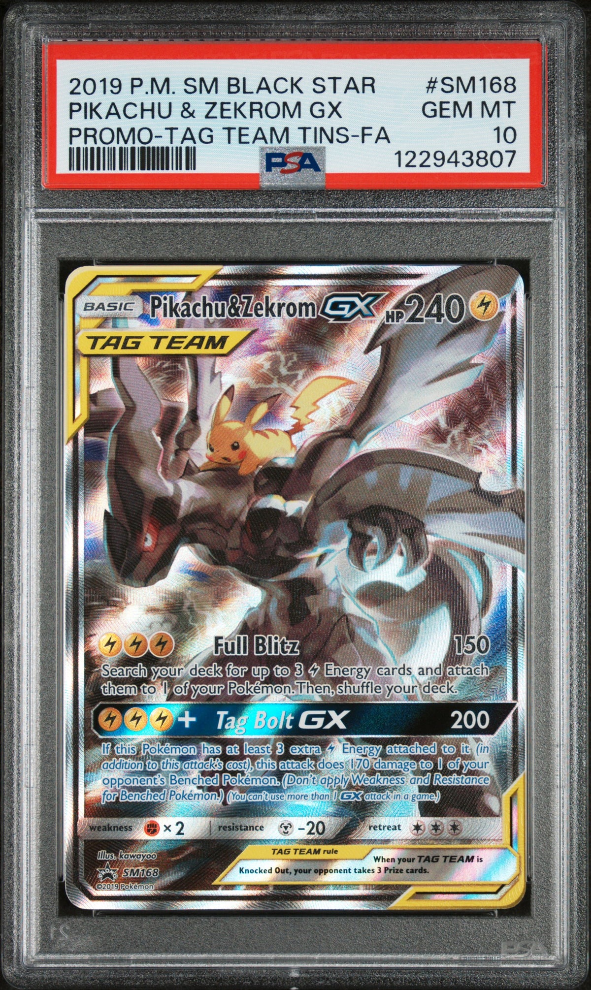 PIKACHU & ZEKROM GX PROMO-TAG TEAM TINS-FA - Pokemon Sm Black Star Promo #SM168 PSA 10