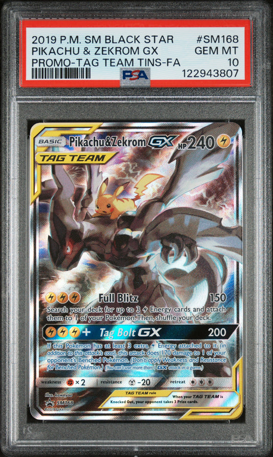 PIKACHU & ZEKROM GX PROMO-TAG TEAM TINS-FA - Pokemon Sm Black Star Promo #SM168 PSA 10