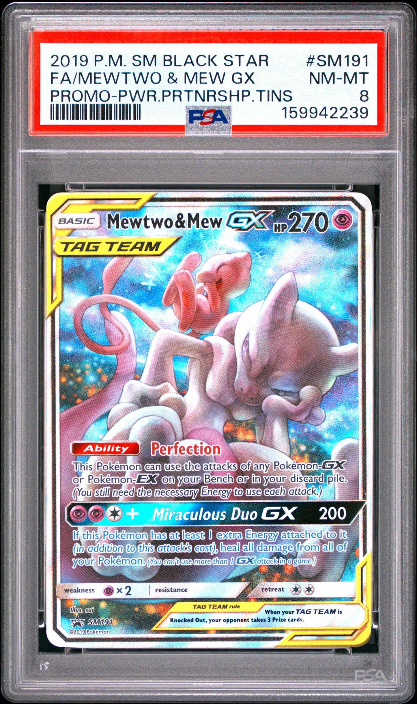 FA/MEWTWO & MEW GX PROMO-PWR.PRTNRSHP.TINS - Pokemon Sm Black Star Promo #SM191 PSA 8