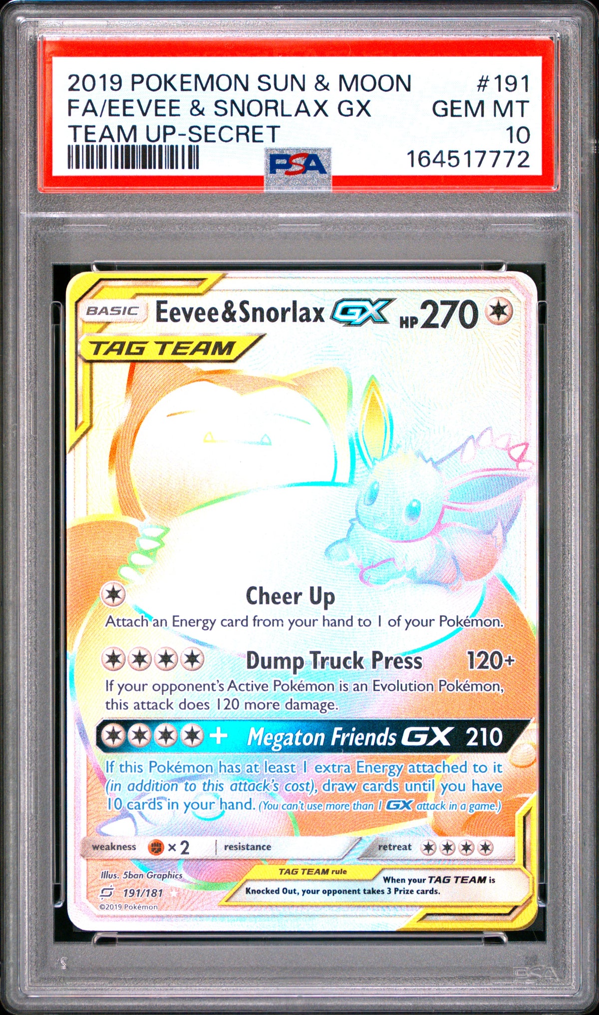 Eevee & Snorlax GX - Pokemon Team Up #191 PSA 10