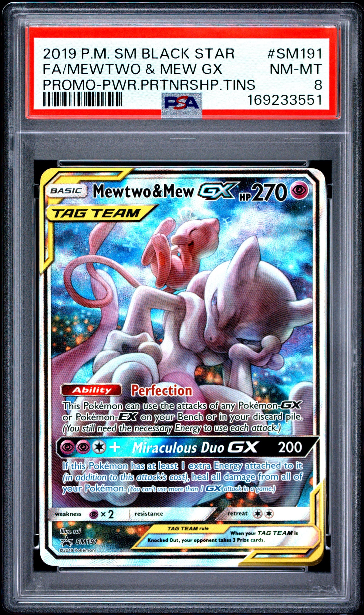 FA/MEWTWO & MEW GX PROMO-PWR.PRTNRSHP.TINS - Pokemon Sm Black Star Promo #SM191 PSA 8
